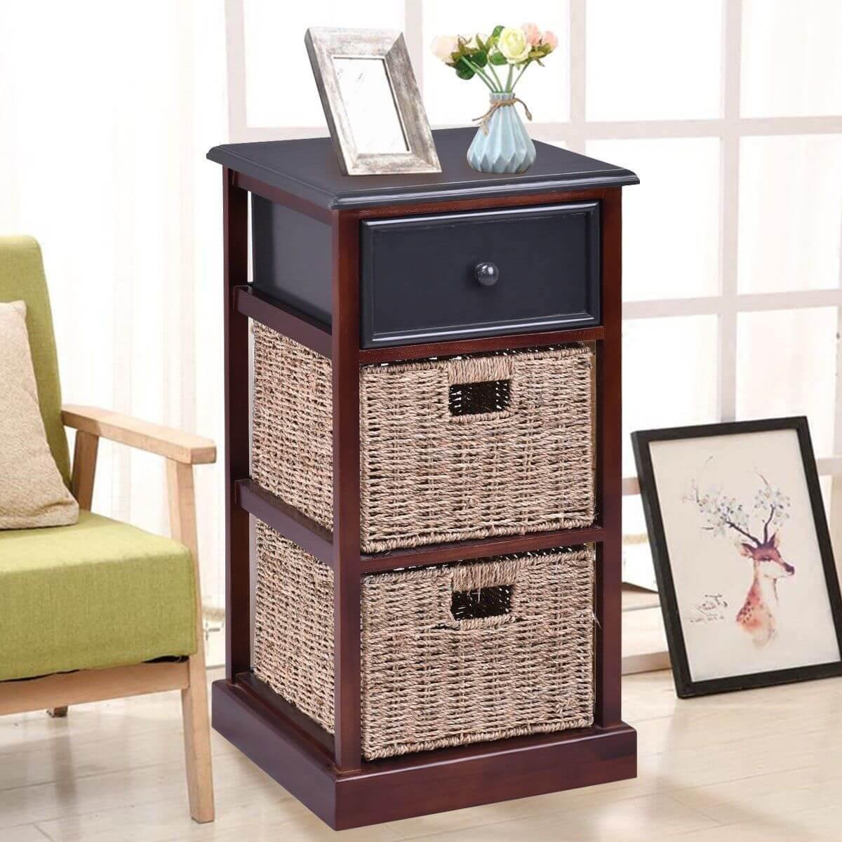 3 Tiers Wooden Nightstand with 1 Drawer 2 Baskets - Image 4
