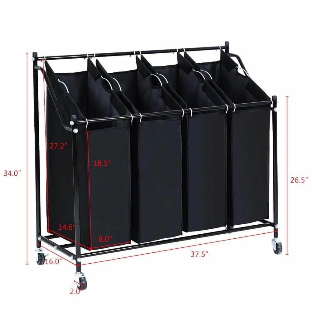 4 Bag Rolling Laundry Bag Sorter Cart Hamper Organizer - Image 4
