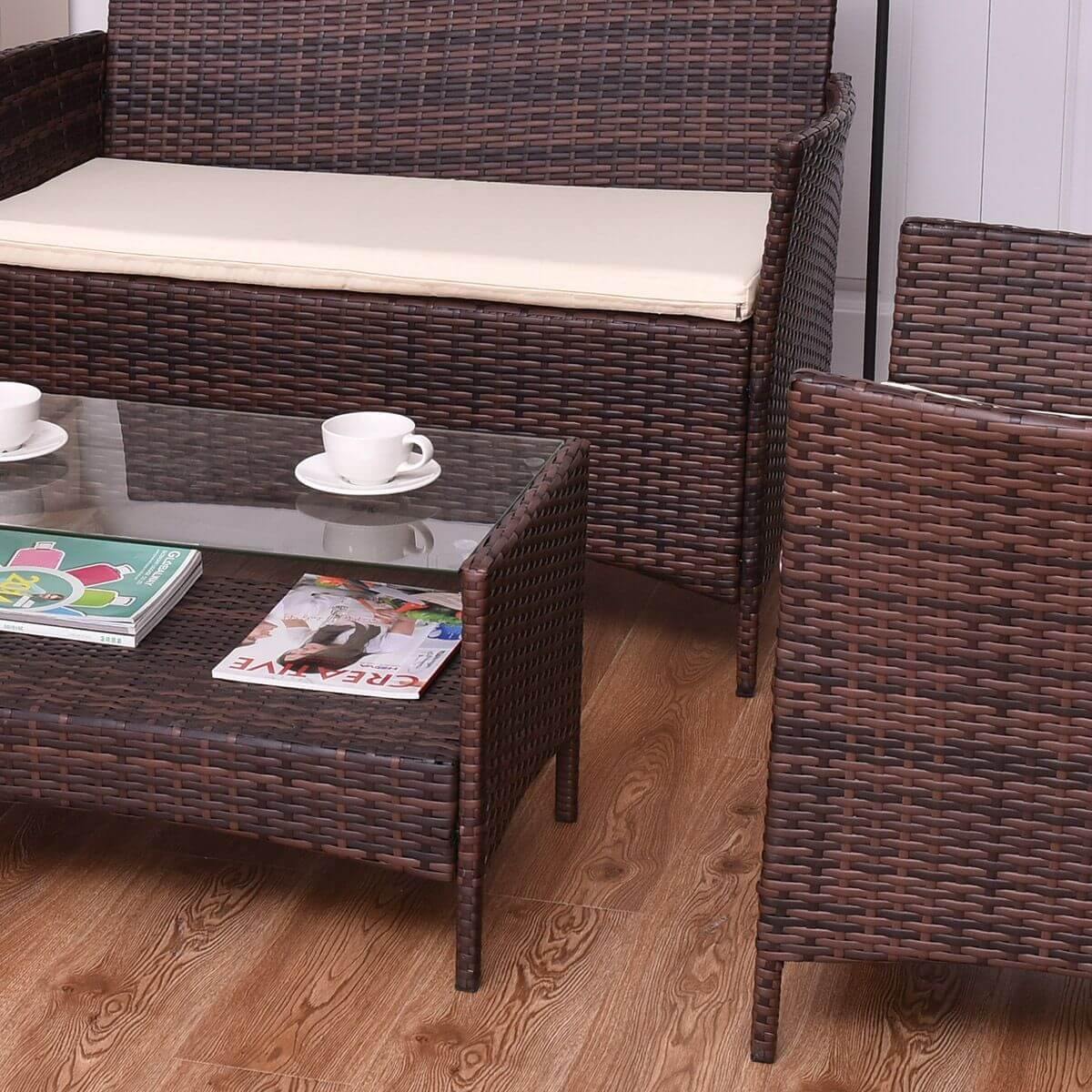 4PCS Outdoor Patio PE Rattan Wicker Coffee Table Shelf Modern Garden Sofa Furniture Set With Cushion - Image 3