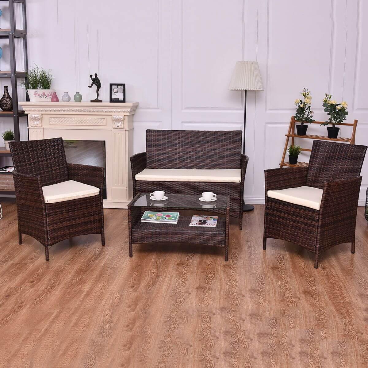 4PCS Outdoor Patio PE Rattan Wicker Coffee Table Shelf Modern Garden Sofa Furniture Set With Cushion - Image 4