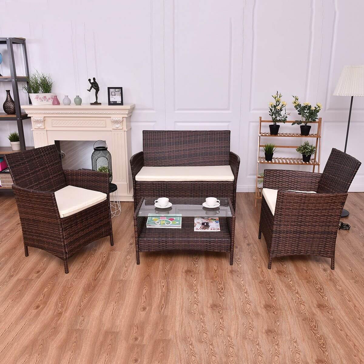 4PCS Outdoor Patio PE Rattan Wicker Coffee Table Shelf Modern Garden Sofa Furniture Set With Cushion - Image 5