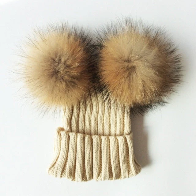 Baby Girl Hat Raccon Fur Two Ball Caps For Baby - Image 2
