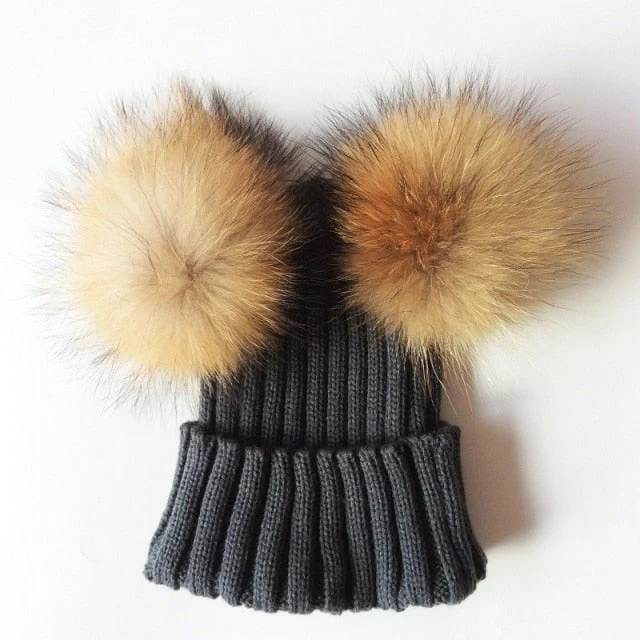 Baby Girl Hat Raccon Fur Two Ball Caps For Baby - Image 9
