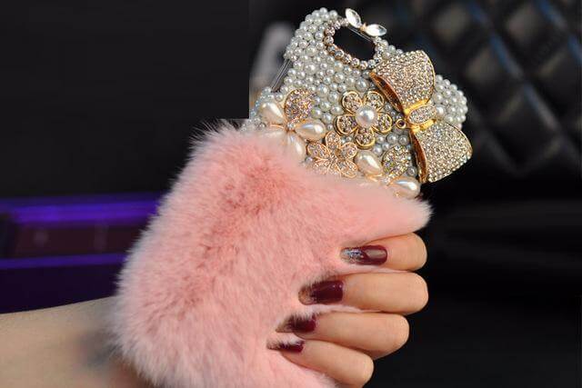 Crystal Diamond Bowknot Pearl Flower Rabbit Fur Iphone Case - Image 4
