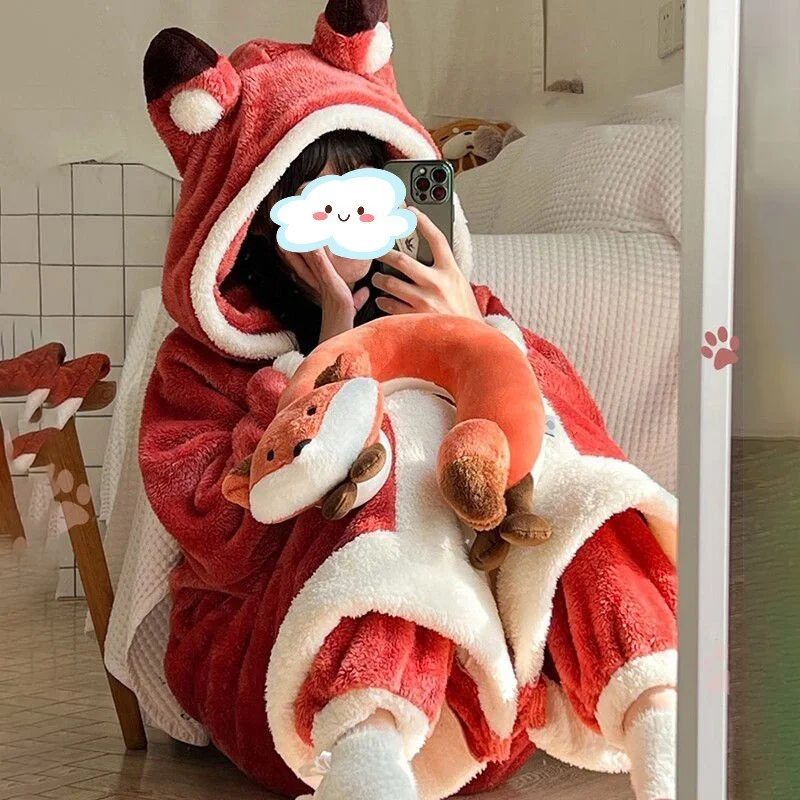 Dreamy Fox Thick Animal-Theme Hooded Blanket Pajamas - Image 3
