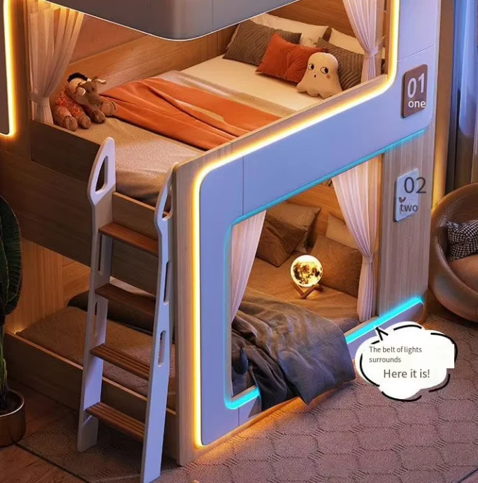 European Cute Room Modern Wooden Bunk LED Bed - Image 4