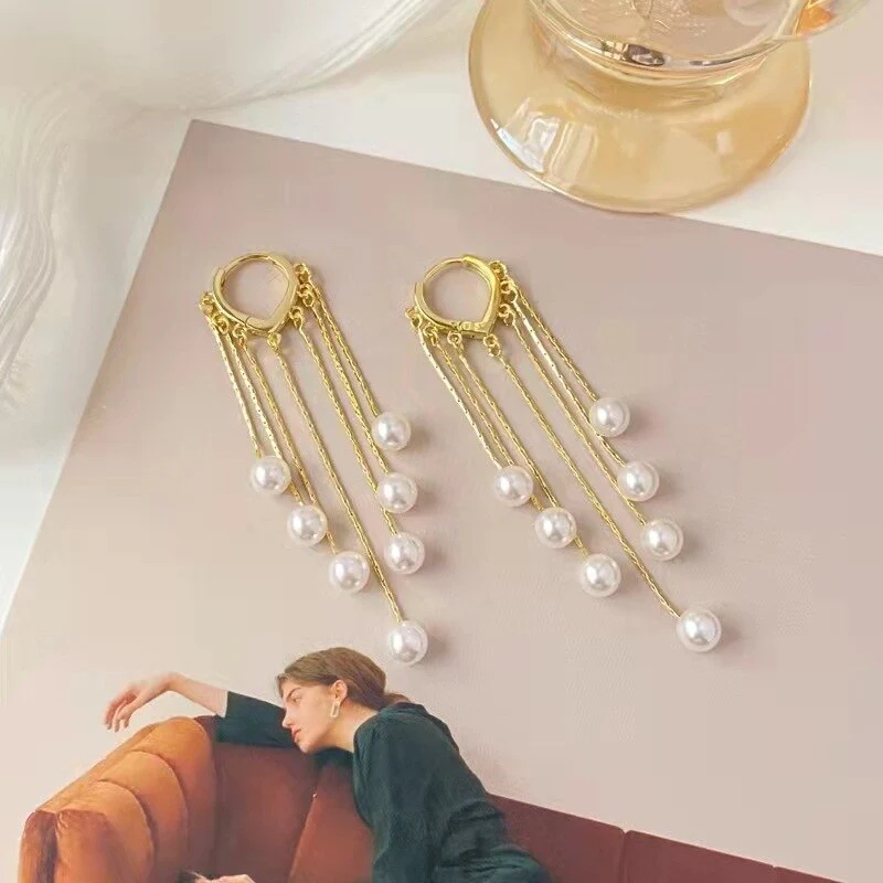 Exquisite Long Tassel Pearl Drop Earrings - Image 3