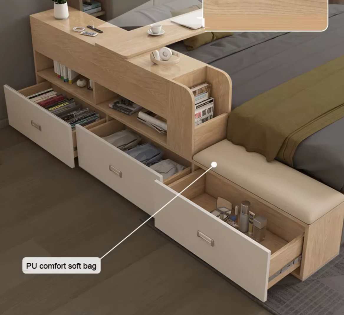 Hidden Compartment Lift-Up Storage Bookshelf Platform Bed - Image 8
