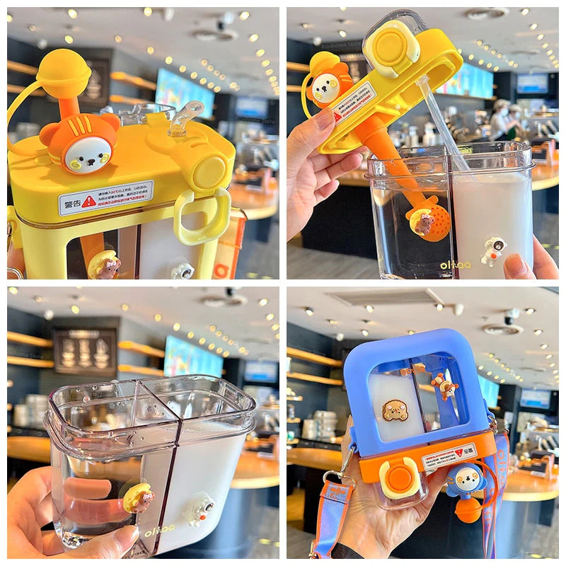 Leak-Proof Double Straw Cartoon Kids Water Bottle - Image 7
