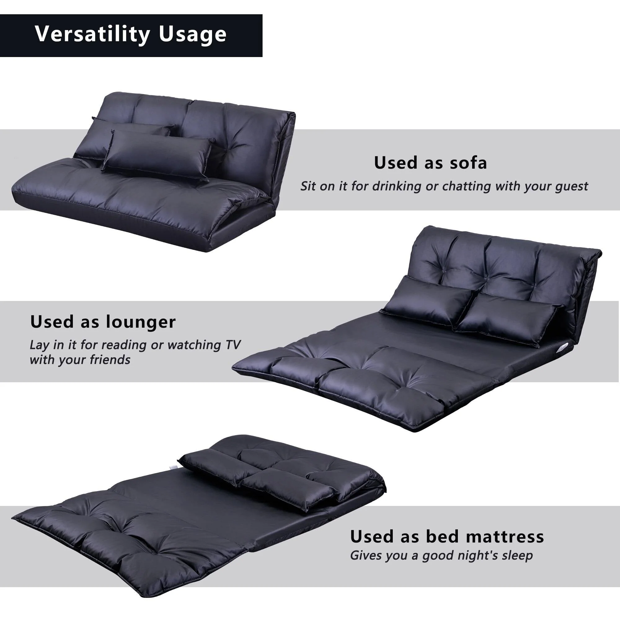 Modern Foldable PU Leather Leisure Floor Sofa Bed with 2 Pillows - Image 4