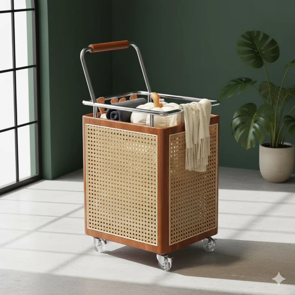 Nordic Rattan Style Rolling Storage Basket - Image 4