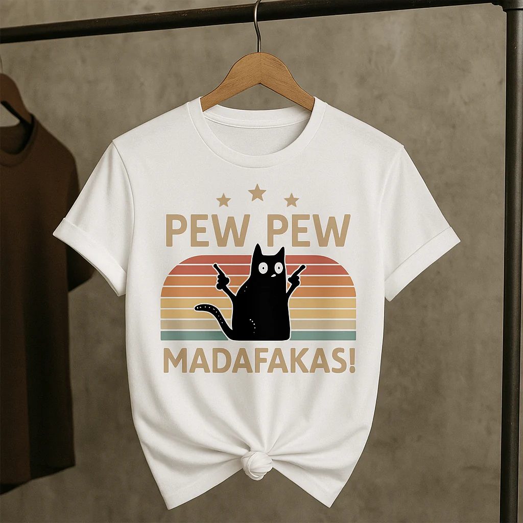 Pew Pew Funny Cat Retro T-Shirt - Image 5