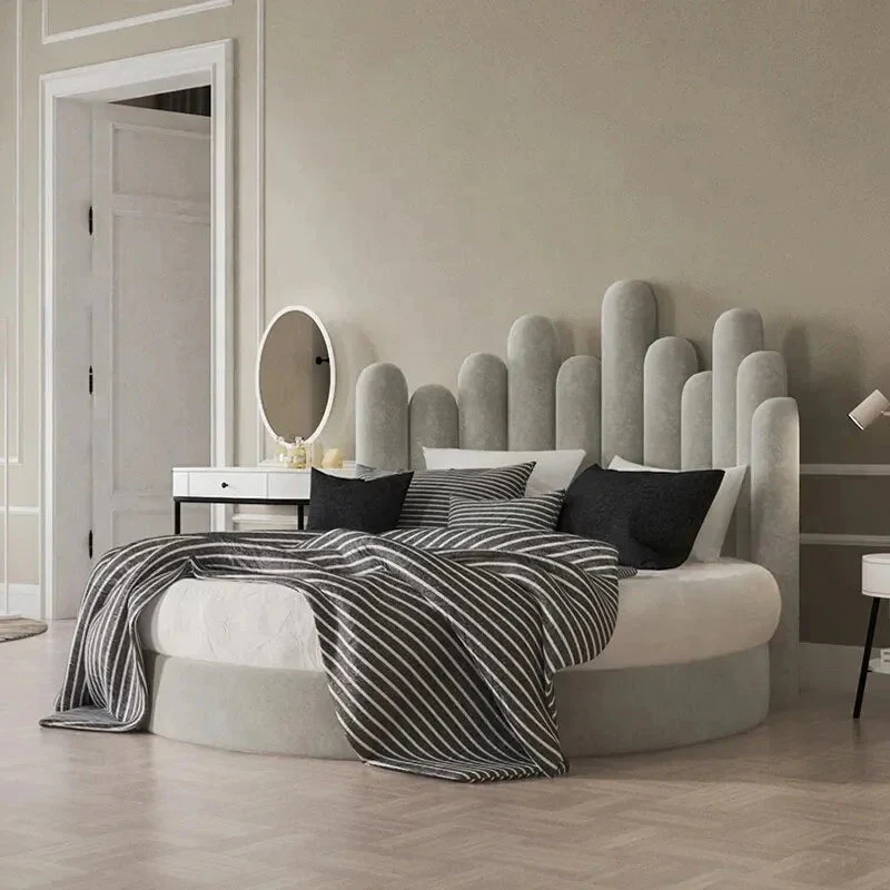 Scandinavian-Inspired Round Upholstered Wave Headboard Bed - Image 3