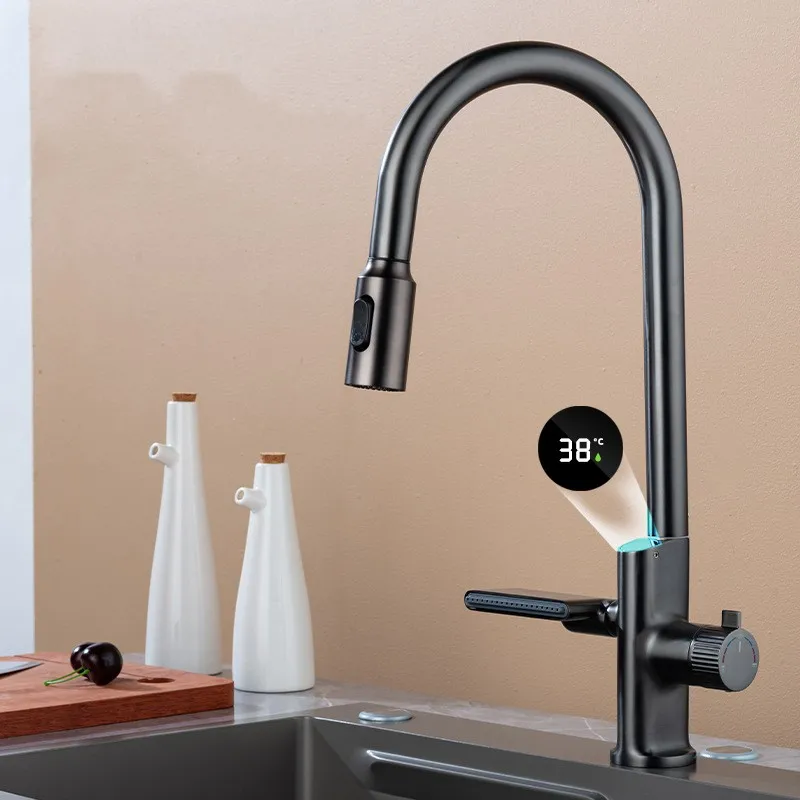Waterfall Temperature Sensor Digital Display Kitchen Pull-Out Faucet - Image 3