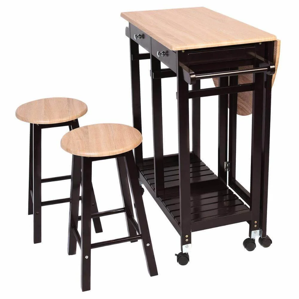 Wood Kitchen Island Table with 2 Stools - Image 5